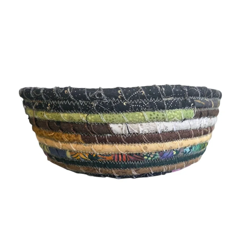 Rag Rug Coiled Rope Fabric Basket Clothesline Bowl Boho Hippie Grandmacore
